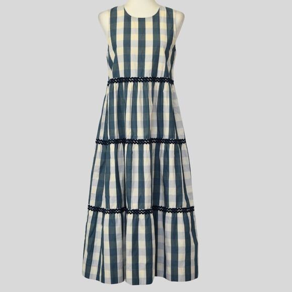 MADEWELL Women's Rickrack Cattail Tiered Dress in Gingham Check Blue Size S - Picture 2 of 11